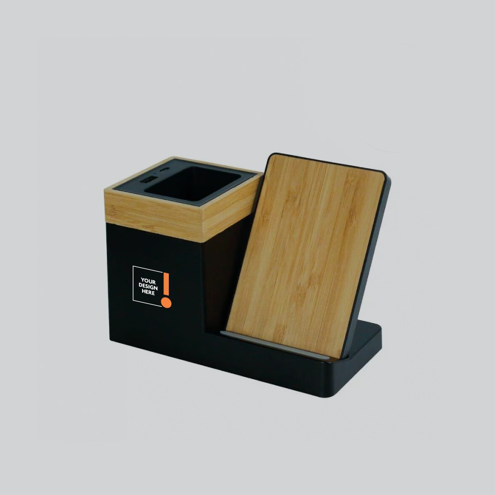 Bamboo Desktop Pen Holder with 15W Wireless Charger